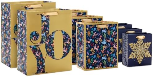 Hallmark Assorted Holiday Gift Bags (8 Bags: 3 Small 6", 3 Medium 9", 2 Large 13") Winter Woodland Joy, Navy Blue, Gold