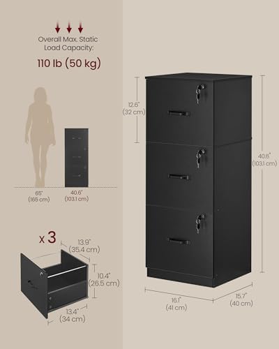VASAGLE 3 Drawer File Cabinet with Locks, for A4, Letter Sized Documents