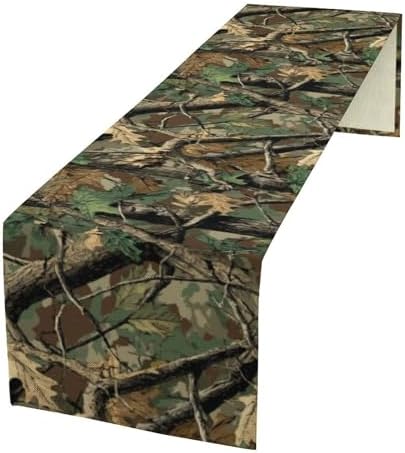 Forest Camouflage Table Runner, Camo Conifer Oak Branches Leaves Military Mossy Lodge Country Camp Cabin Theme Dinner Table Runner for Home Kitchen Dining Table Decoration 13"x90"