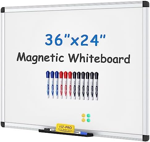 VIZ-PRO Magnetic Whiteboard/Dry Erase Board, 36 X 24 Inches, with 1 Eraser & 14 Markers & 4 Magnets