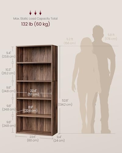 VASAGLE 5-Tier Bookshelf, Storage Organizer, 23.6 x 9.4 x 52.8 Inches