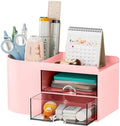 Marbrasse Small Desk Organizer with Drawer, Multi-Functional Pen Pencil Holder Storage Box, Desk Organizers and Accessories with 4 Compartments + 2 Drawer for Office Art Supplies(Pink)