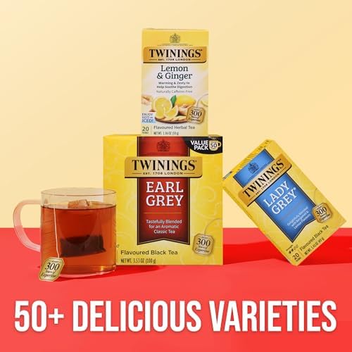 Twinings Earl Grey Black Tea Individually Wrapped Bags, 50 Count (Pack of 6), Flavoured with Citrus and Bergamot, Caffeinated, Enjoy Hot or Iced, 300 Teabags