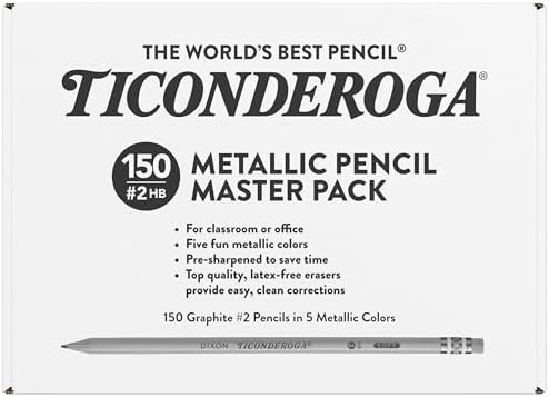Ticonderoga Wood-Cased Pencils Master Pack, Pre-Sharpened | #2 HB Soft, Metallic Colors, 150 Count, Standard Size, High Quality Eraser