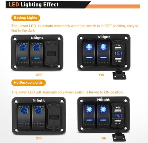 Nilight - 90116C 2 Gang Rocker Switch Panel with 4.8 Amp Dual USB Charger Voltmeter Waterproof 12V-24V DC Rocker Switch with Night Glow Stickers for CarsTrucks Boats RVs,Blue