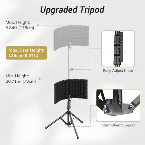 TONOR Isolation Shield Pack for Mic, Acoustic Foam Shield with Pop Filter & Tripod Stand, Foldable Design, Compatible with Blue Yeti, AT2020, Recording, Podcasts, Singing, Max 70 inch, Stand Included