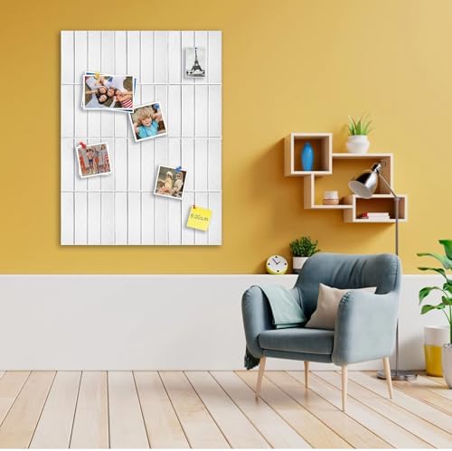 12 Packs White Felt Pin Board, Large 12" Bulletin Board with 30 Push Pins, Felt Board Slat Wall Paneling for Office Home Kitchen, Self-Adhesive Corkboard Tiles for Classroom Message Photos Memos