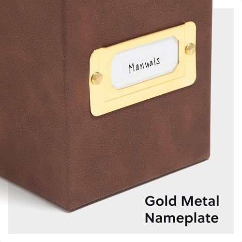 Smead Flip Top File Box, 10" x 3.7" x 13", Brown Vegan Leather, Gold Metal Nameplate (70234)