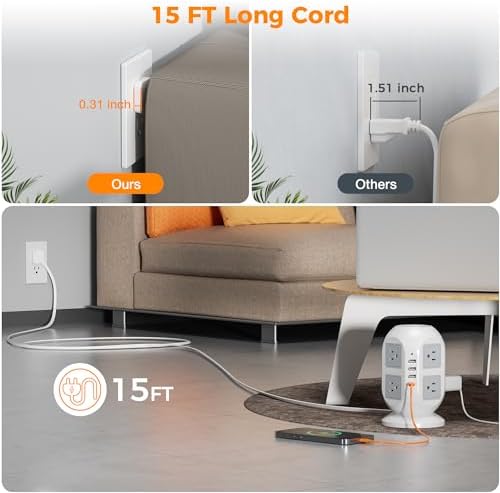 TESSAN Tower Power Strip 15 ft, Long Flat Extension Cord，Multiple Outlets