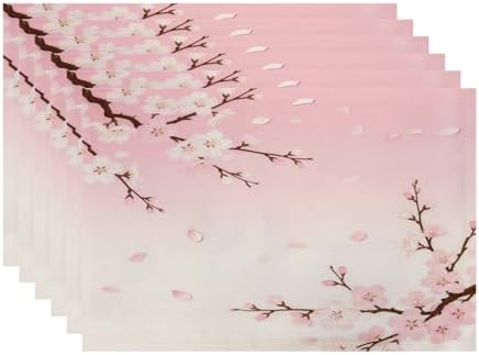 Batmerry Pink Cherry Blossom Linen Placemats Set of 6, Delicate Spring Blossoms Washable Table Mats for Kitchen Table Thickened Heat Insulation Dining Set Indoor Outdoor 12X18 in