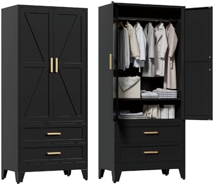 Washsemba 71'' Farmhouse Metal Wardrobe Cabinet with Hanging Rod, 2 Barn Door Wardrobe Closet with Adjustable Shelves,2 Drawer,for Dining Room,Bedroom,Living Room, Cloak Room,Office (Black)