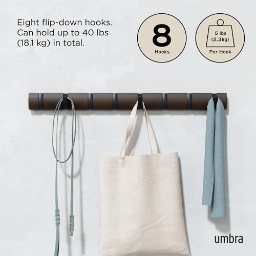 Umbra Flip Coat Rack, Wall Mount 8-Hook, Space Saving, Walnut/Black