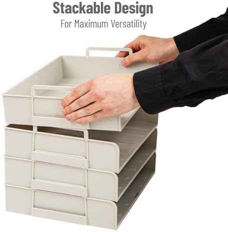 Mind Reader Stackable Paper Tray, Desktop Organizer, File Storage, Office, Plastic, 13.75" L x 10" W x 10.75" H, 4 Pcs., Beige