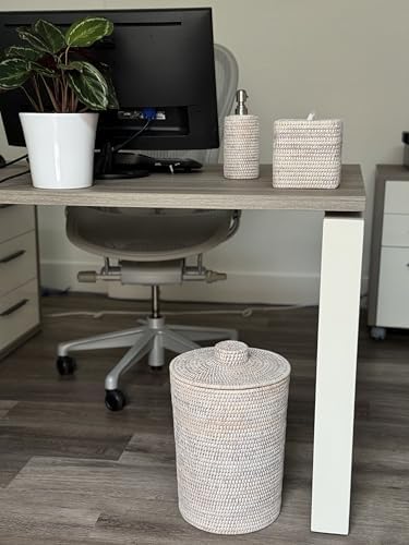 Kouboo La Jolla Rattan Waste Basket with Lid, Large White Wash Insert