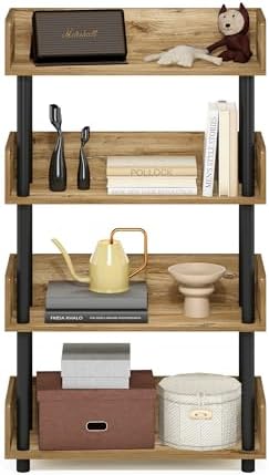 Furinno Turn-N-Tube 4-Tier Oak Storage Shelves with Side Panels, Book Shelf, Display Shelf, for Organization and Storage, Living Room, Home Office, Brown Oak