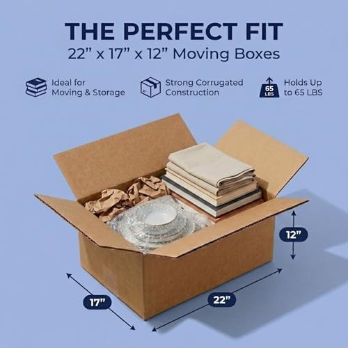 BOX USA Moving Boxes Holds 65lbs, 22"L x 17"W x 12"H (10-Pack) Large - Corrugated Cardboard Box for Shipping, Mailing, Packing, Packaging and Storage
