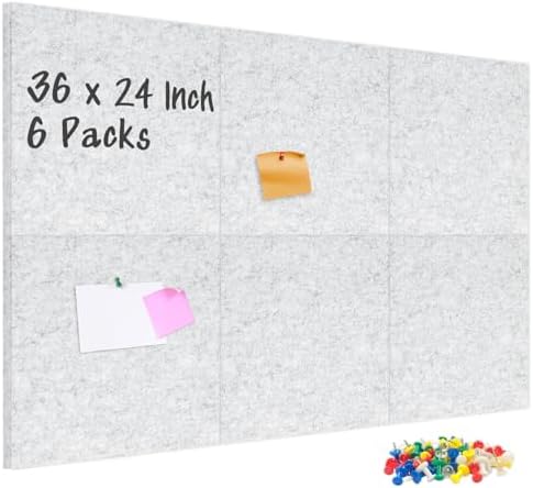DOLLAR BOSS Felt Cork Board Tiles 6 Pcs 12"x12" Bulletin Board, Light Grey
