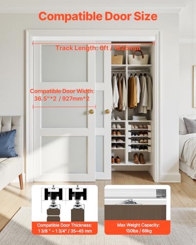 VEVOR Bypass Door Hardware, 6ft Heavy Duty Bypass Sliding Door Hardware Kit, Aluminum Alloy Sliding Closet Door Hardware Set for 2 Door System, Fit Door Thickness 1 3/8" - 1 3/4", Easy to Install