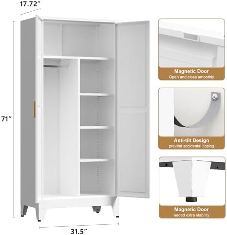 Washsemba 71'' Farmhouse Metal Wardrobe Cabinet with Hanging Rod, 2 Barn Door Wardrobe Closet with 5 Adjustable Shelves,Drawer,for Dining Room,Bedroom,Living Room, Cloak Room,Office (White)