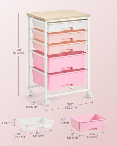 VASAGLE Rolling Cart with Drawers,5 Drawers Storage Cart, Pink