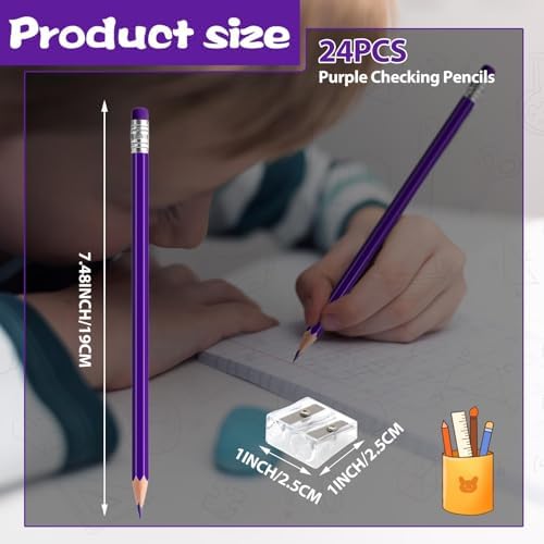 24PCS Erasable Colored Pencils with Eraser Pre Sharpened Pencil 2 HB - Ideal for Checking, Grading, Tests & Office/School Supplies (Purple)
