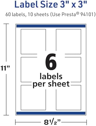 Avery TrueBlock Matte White Square Labels, Sure Feed Technology, 3" x 3", 60 Matte White Labels, Print-to-The-Edge, Laser/Inkjet Printable, Great for Packaging and Product Merchandising