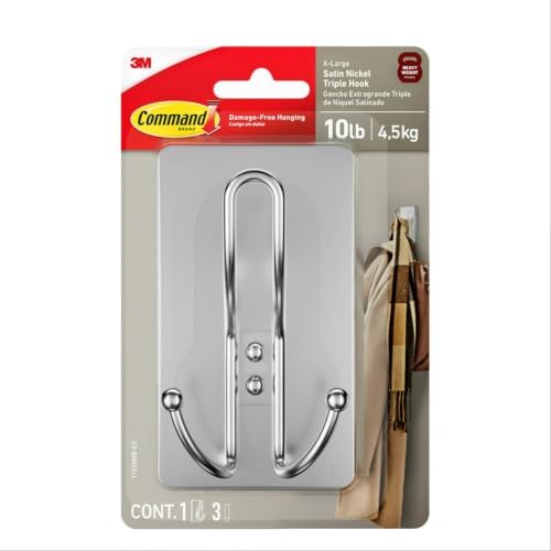 Command X-Large Satin Nickel Triple Hook,1 Hook,3 Strips,Damage-Free Hanging with Adhesive Strips,No Tools Wall-Hook for Hanging Decorations in Living Spaces,(Pack of 8)