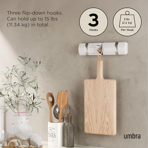 Umbra Flip Coat Rack, Wall Mount Retractable Hooks, 3-Hook, White/Nickel