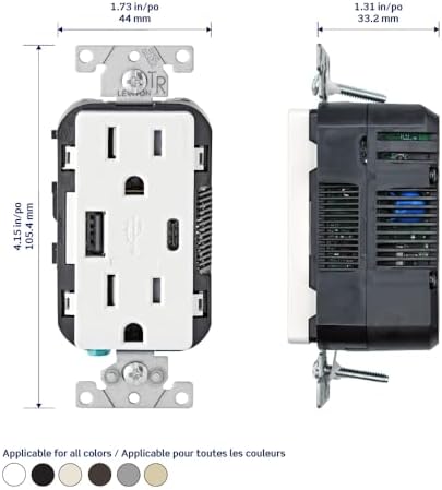 Leviton T5633-E Type A & Type-C USB in-Wall Charger with 15A Tamper-Resistant Outlet, USB Charger for Smartphones and Tablets. Not for Laptops, Black