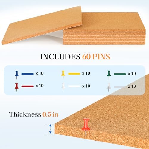 DOLLAR BOSS Cork Board Tiles, 6 Packs 12" x 12" 1/2" Thick Bulletin Board