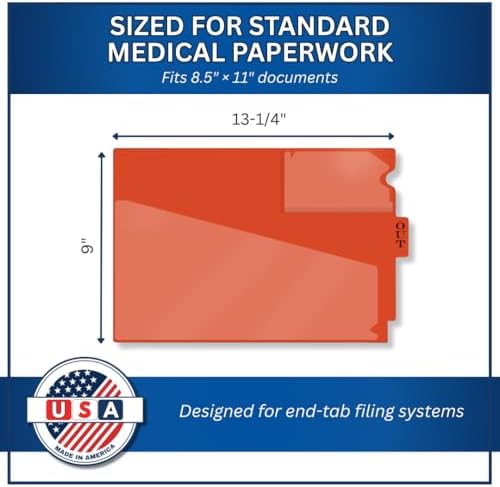 Doctor Stuff - Center Tab Vinyl Outguides, Diagonal Cut Front Pocket, Top Charge Out Slip Pocket, Plastic File Folder, Letter Size 9" x 13-1/4", Orange, 50/Box