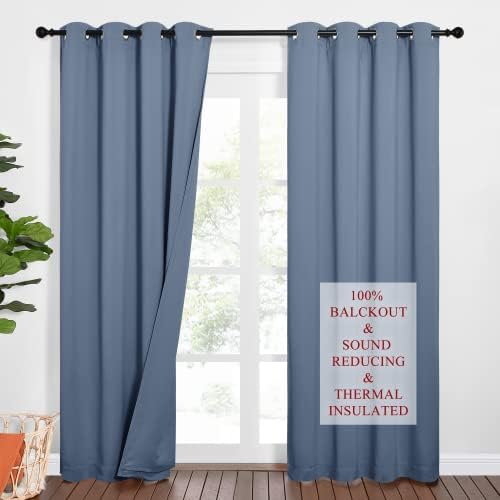 NICETOWN Sound Barrier 100% Blackout Divider Curtains 84", Noise, Heat and Cold Blocking Drapes with Felt Fabric Lining for Nursery/Daytime Sleep/Bedroom (Stone Blue, 2 PCs, 52" Wide)