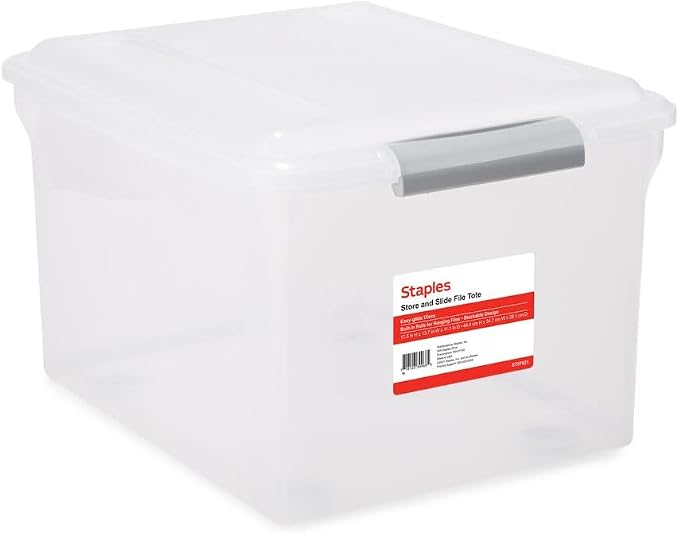 Staples Store & Slide Plastic File Box, Latching, Letter/Legal, 2/Pk | Clear, stackable box keeps hanging files secure and easy to transport.