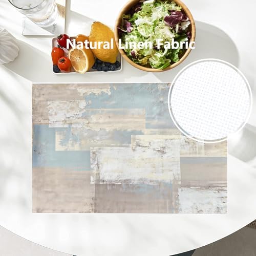 Batmerry Grey and Beige Abstract Painting Placemats, Taupe Squares Texture Washable Linen Table Mats for Kitchen Table Double Insulation Decor Dining Set Indoor Outdoor 12X18 in Set of 6
