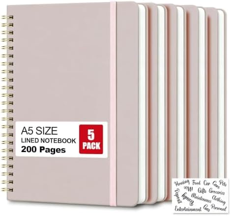 5 Pack Hardcover Spiral Notebooks, 8.3" x 6.3" Lined Journal Set, 100 GSM Bleed-Resistant Paper, 200 Pages Twin-Wire Bound Notebook with Elastic Band & Category Stickers for Office, School