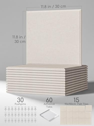 Thick Felt Pin Board Tiles 15 Pack, 11.8x11.8 Bulletin Board for Wall