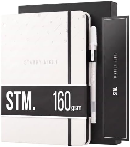 Scribbles That Matter Black Paper Bullet Dotted Journal Notebook | A5 Starry Night Free white gel pen | 160gsm Blackout no-bleed dot grid paper | For Men and Women | 5.75 x 8.5 in | White