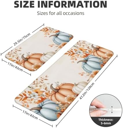 Watercolor Pumpkin Kitchen Floor Mat Set of 2, Non Slip Rugs Absorbent Mats for Floor Countertop Office Home, Blue and Green Indoor Outdoor Decor Doormat 17" x 29.5" + 17" x 47"