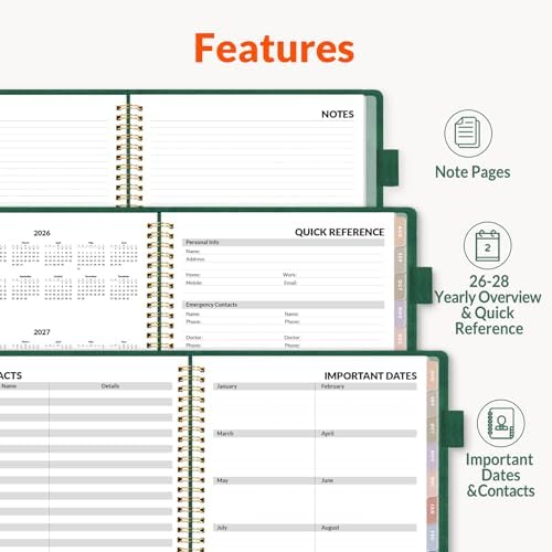 SUNEE 2026-2027 Weekly & Monthly Planner 6.4"x8.5" - 12 Month (July 2026 - June 2027), Vegan Leather Cover Planner Academic Year Calendar, Pocket, Notes, Monthly Tab, Deep Green
