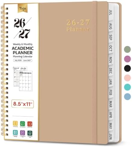 Taja Planner 2026-2027, 8.5" x 11" Calendar Planner, Jul 2026-Jun 2027 | Letter Hardcover Weekly & Monthly Academic Year Planner, Large Planning Agenda With Tabs, School & Office Supplies, Oat Brown