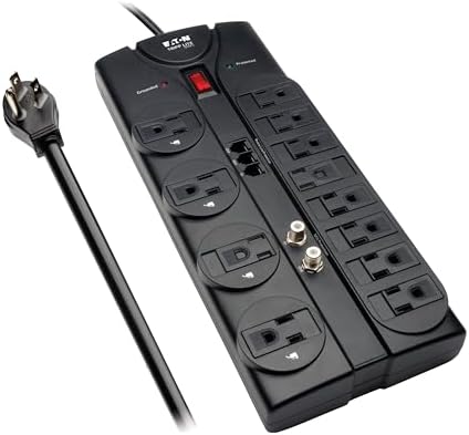 Eaton Tripp Lite TLP1208TELTV Home Theater Surge Protector Power Strip, 12 Outlets, Flat Plug 8ft Extension Cord, 2160 Joules | Coax and RJ11 Ports for Phone Land Line, TV, and WiFi Router Protection