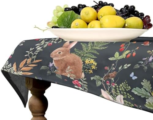 Watercolor Forest Tablecloth, Rustic Woodland Animals Squirrel Rabbit Fox Wild Flower Mushroom Leaves Print Table Cloth Cover for Kitchen Dining Indoor Outdoor Decor 55x55in