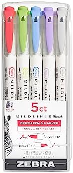 Zebra Pen MILDLINER No Bleed Brush Pen, Assorted Cool, Dual Tip, 5-Pack