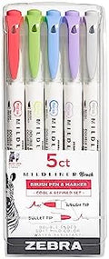 Zebra Pen MILDLINER No Bleed Brush Pen, Assorted Cool, Dual Tip, 5-Pack