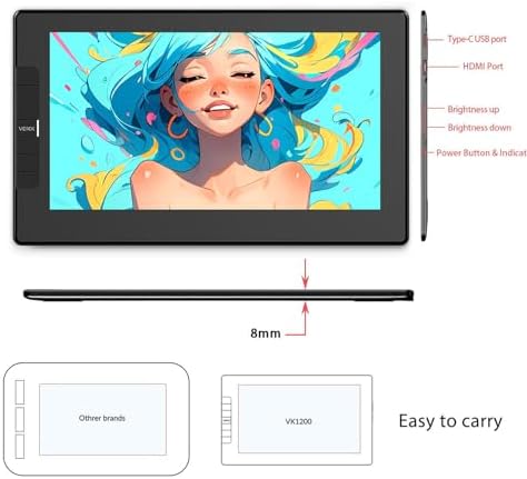 VEIKK VK1200V2 Drawing Tablet with Screen,11.6 Inch Full-Laminated Graphics Drawing Monitor,Upgraded 16384 Pressure Sensitivity, 2 Styluses, 120% sRGB,Graphics Tablet for PC Mac Linux Windows