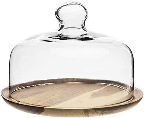 MyGift 7.5 Inch Glass Cloche Dome Dessert Tray with Acacia Wood Base