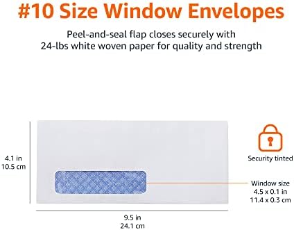 Amazon Basics #10 Security-Tinted Self-Seal Business Envelopes with Left Window for Invoices and Documents, White, 500-Pack