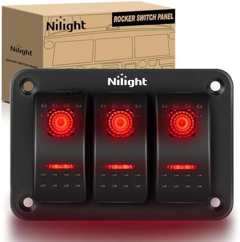 Nilight - 90019C 3 Gang Aluminum Rocker Switch Panel Toggle Dash 5 Pin ON/Off Pre-Wired Rocker Switch Red Backlit Switch for Automotive Car Marine Boat RV,2 Years Warranty