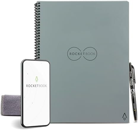 Rocketbook Core Reusable Spiral Notebook, Executive Size 6x8.8, Gray - Dotted Pages, App-Connected, Erasable, Durable Cover, Ideal for School, Work, and Creative Projects