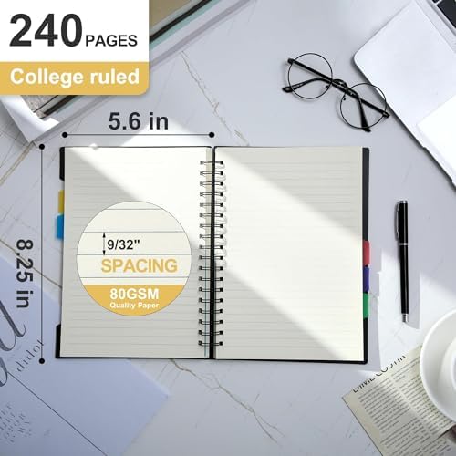 CAGIE 5 Subject Notebook for Work, Spiral, with Dividers, 5x7, Black